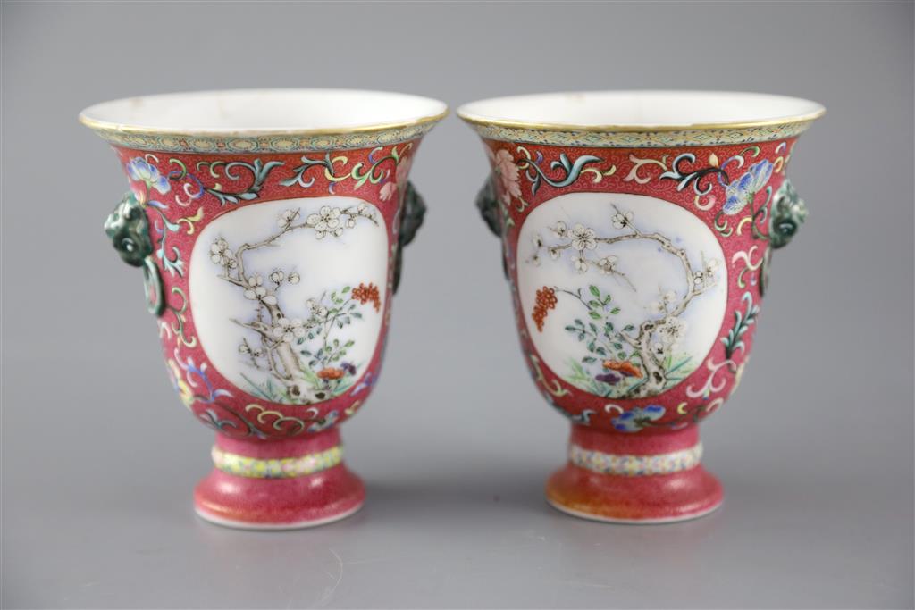 A rare pair of Chinese yangcai New Year Longevity stem cups, Qianlong or Jiaqing period, 11cm high